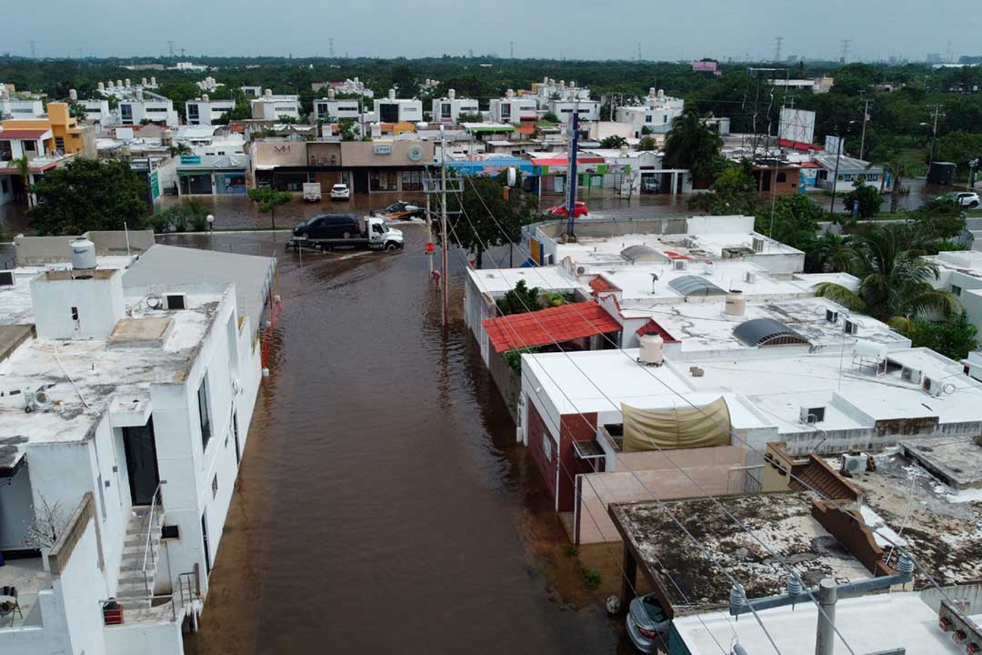 Vista aérea de fraccionamiento inundado en Mérida, Yucatán